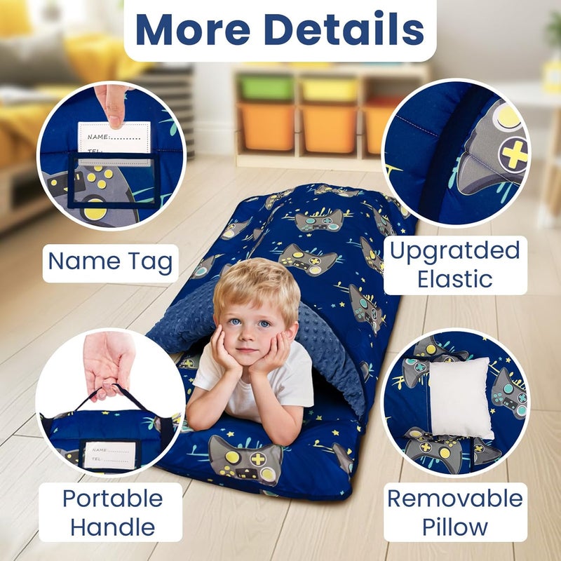 Beavtaens Toddler Nap Mat with Pillow and Minky Blanket, Large 55"x35" Sleeping Bag, Washable, Lightweight, Easy to Roll, Perfect for Preschool, Daycare, Kindergarten, Travel, Boys and Girls(Gamepad) - Image 5